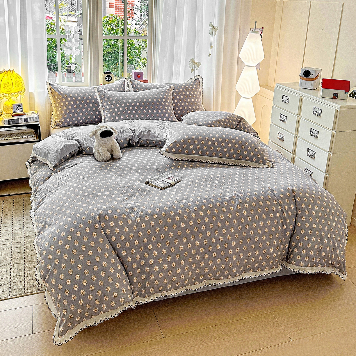 91家纺网 家纺一手货源 找家纺 （总）韩秀家纺 2026新款A类纺棉四件套全棉花边古法水洗棉法式蕾丝花边四件套