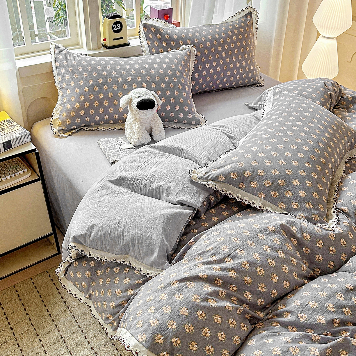 91家纺网 家纺一手货源 找家纺 （总）韩秀家纺 2026新款A类纺棉四件套全棉花边古法水洗棉法式蕾丝花边四件套