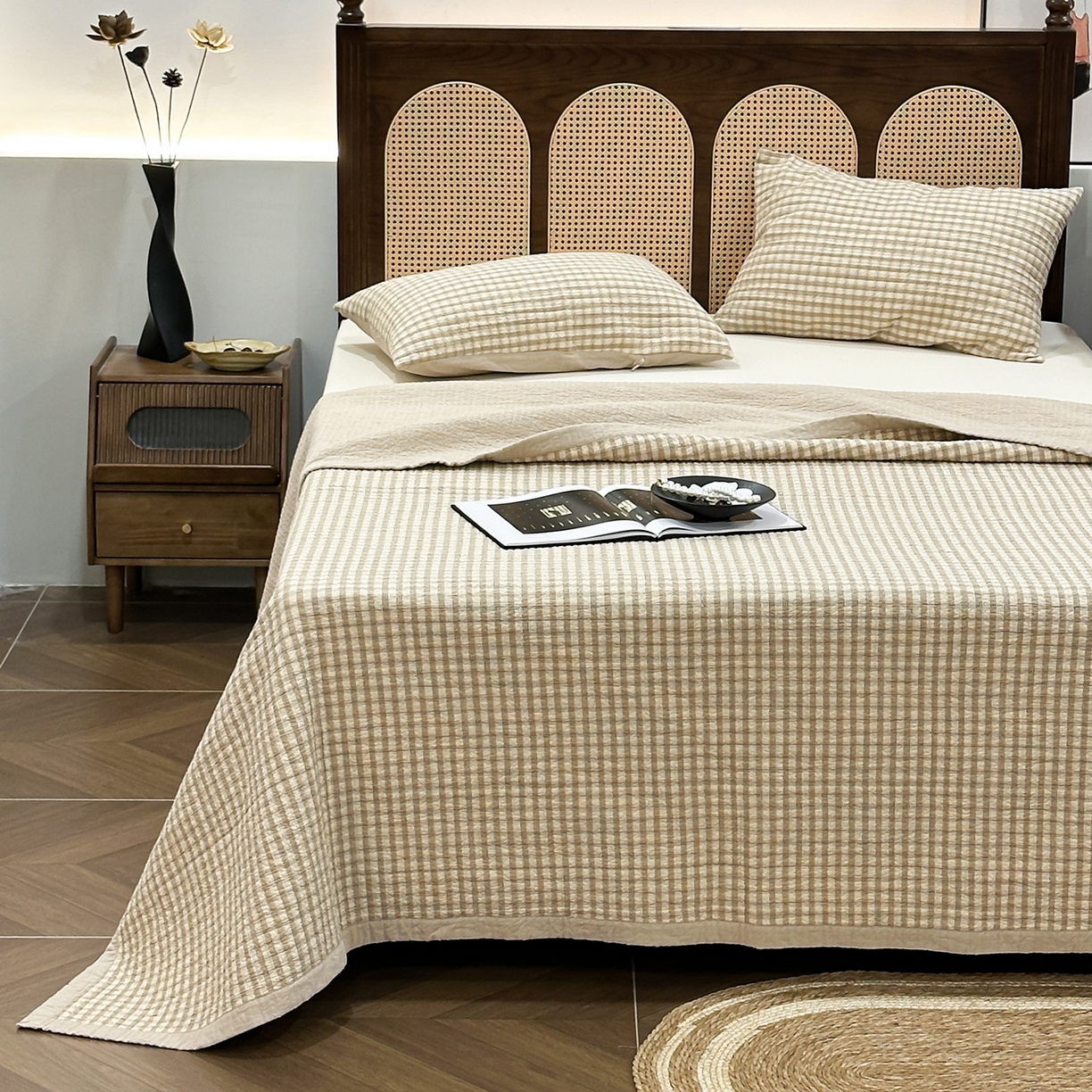 床盖工厂店 2026新款双面水洗全棉填充棉花床盖三件套-朵拉系列 朵拉-咖