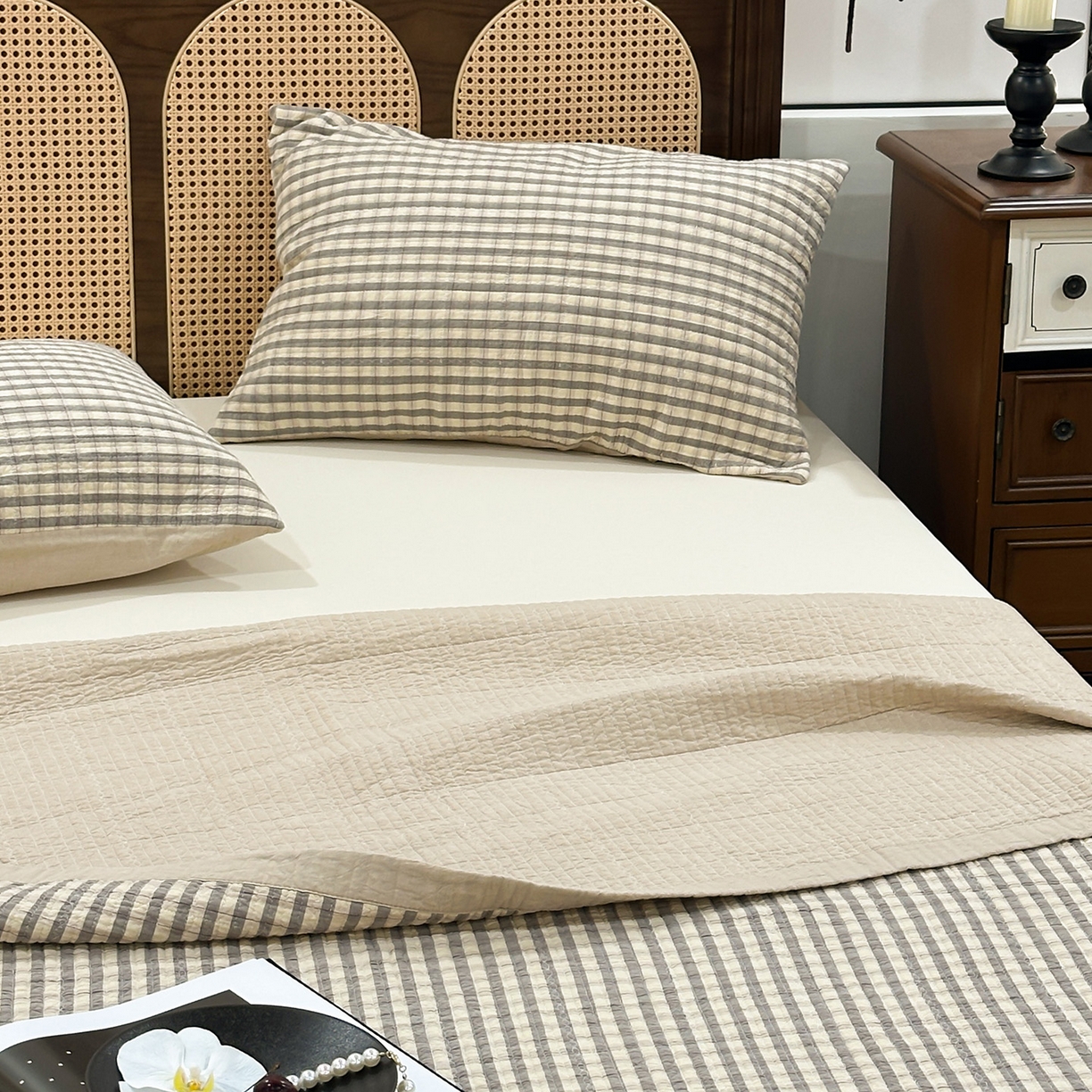 91家纺网 家纺一手货源 找家纺 床盖工厂店 2026新款双面水洗全棉填充棉花床盖三件套-朵拉系列 朵拉-灰