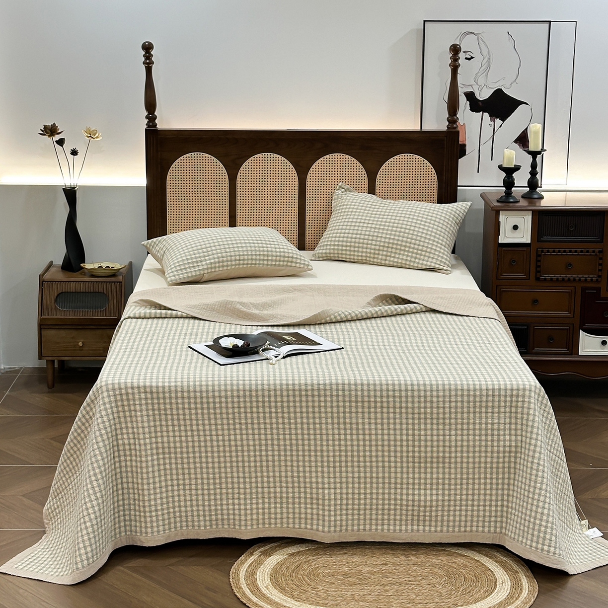 91家纺网 家纺一手货源 找家纺 床盖工厂店 2026新款双面水洗全棉填充棉花床盖三件套-朵拉系列 朵拉-绿