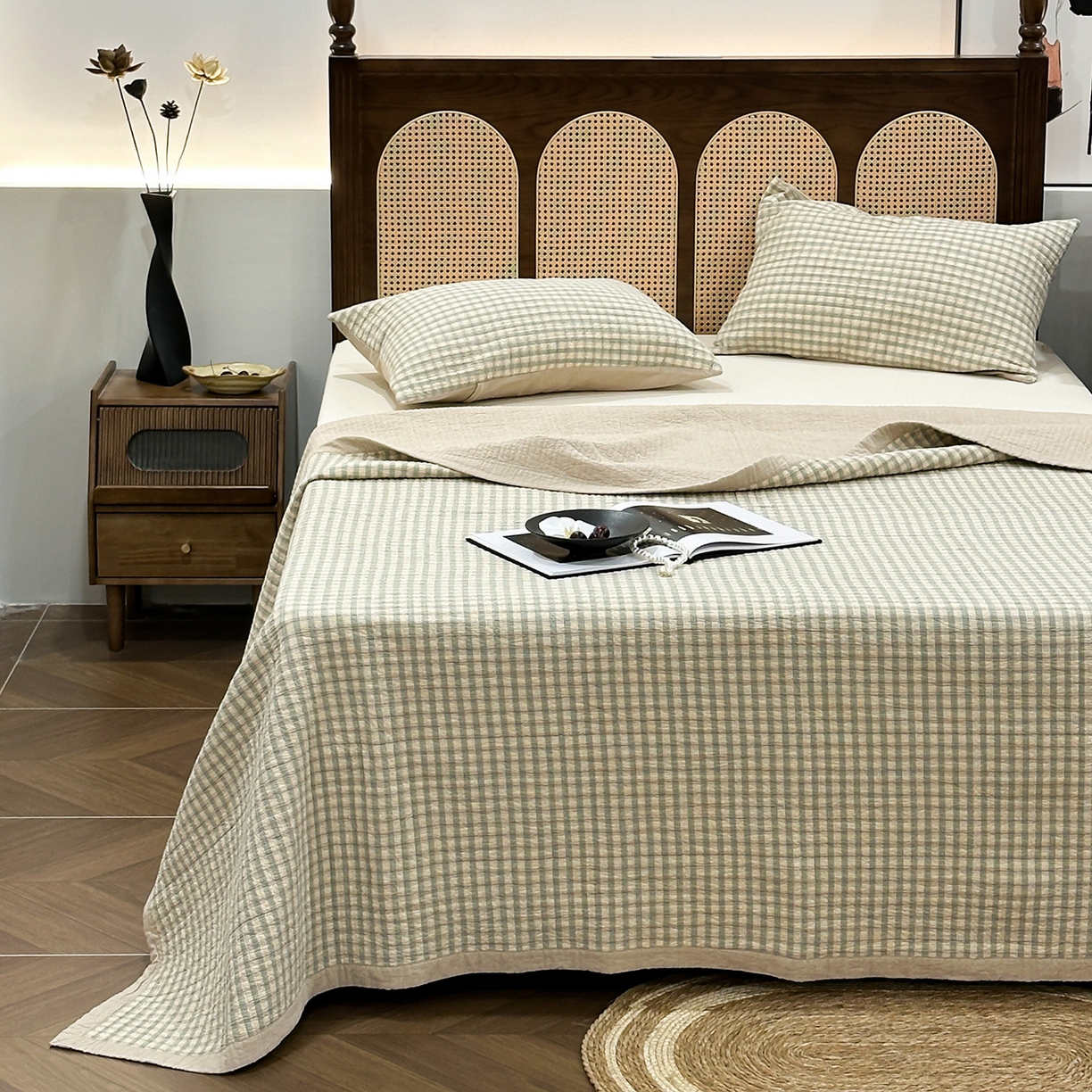 床盖工厂店 2026新款双面水洗全棉填充棉花床盖三件套-朵拉系列 朵拉-绿