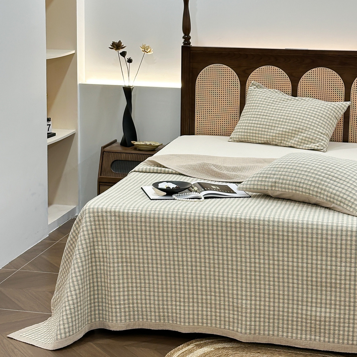 91家纺网 家纺一手货源 找家纺 床盖工厂店 2026新款双面水洗全棉填充棉花床盖三件套-朵拉系列 朵拉-绿