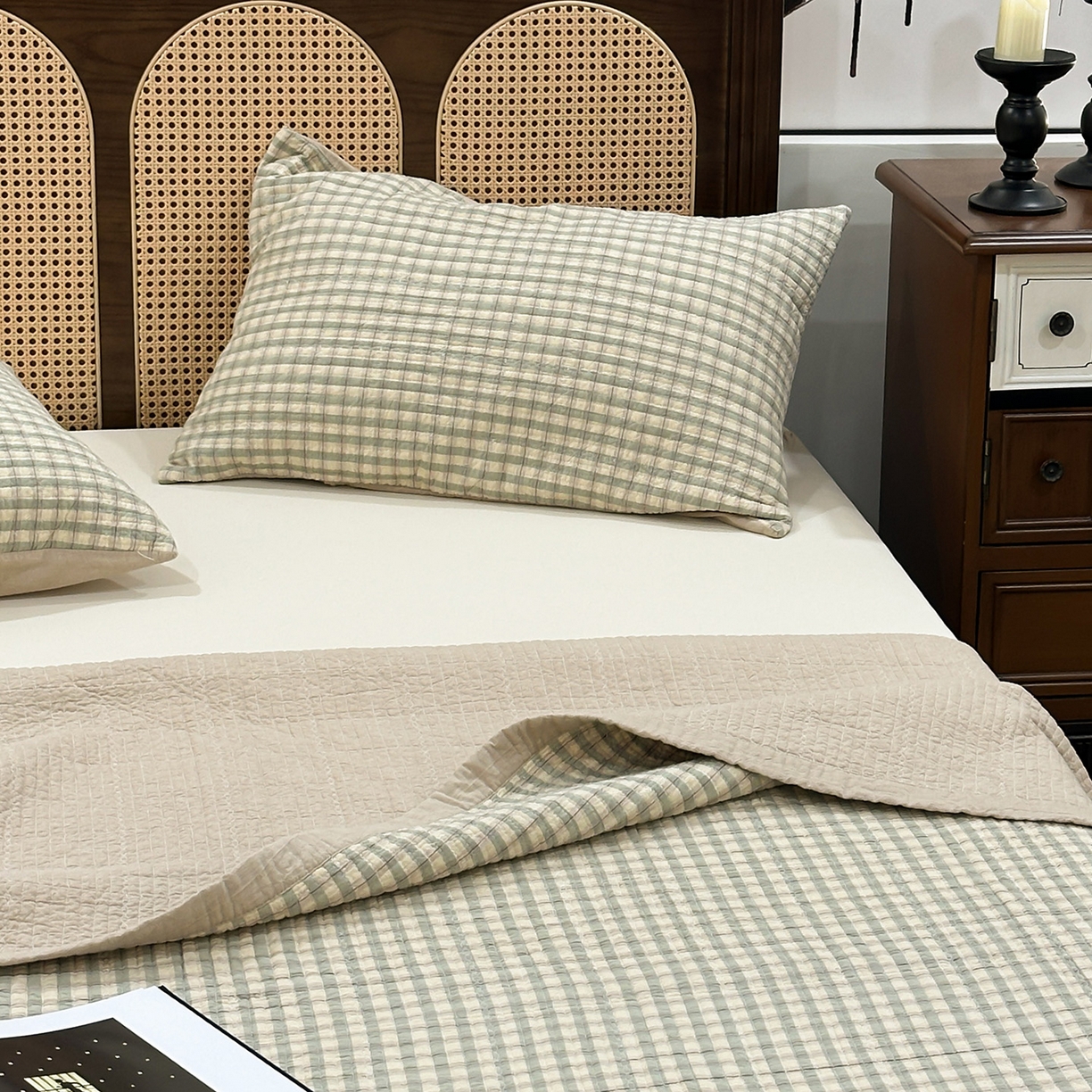 91家纺网 家纺一手货源 找家纺 床盖工厂店 2026新款双面水洗全棉填充棉花床盖三件套-朵拉系列 朵拉-绿