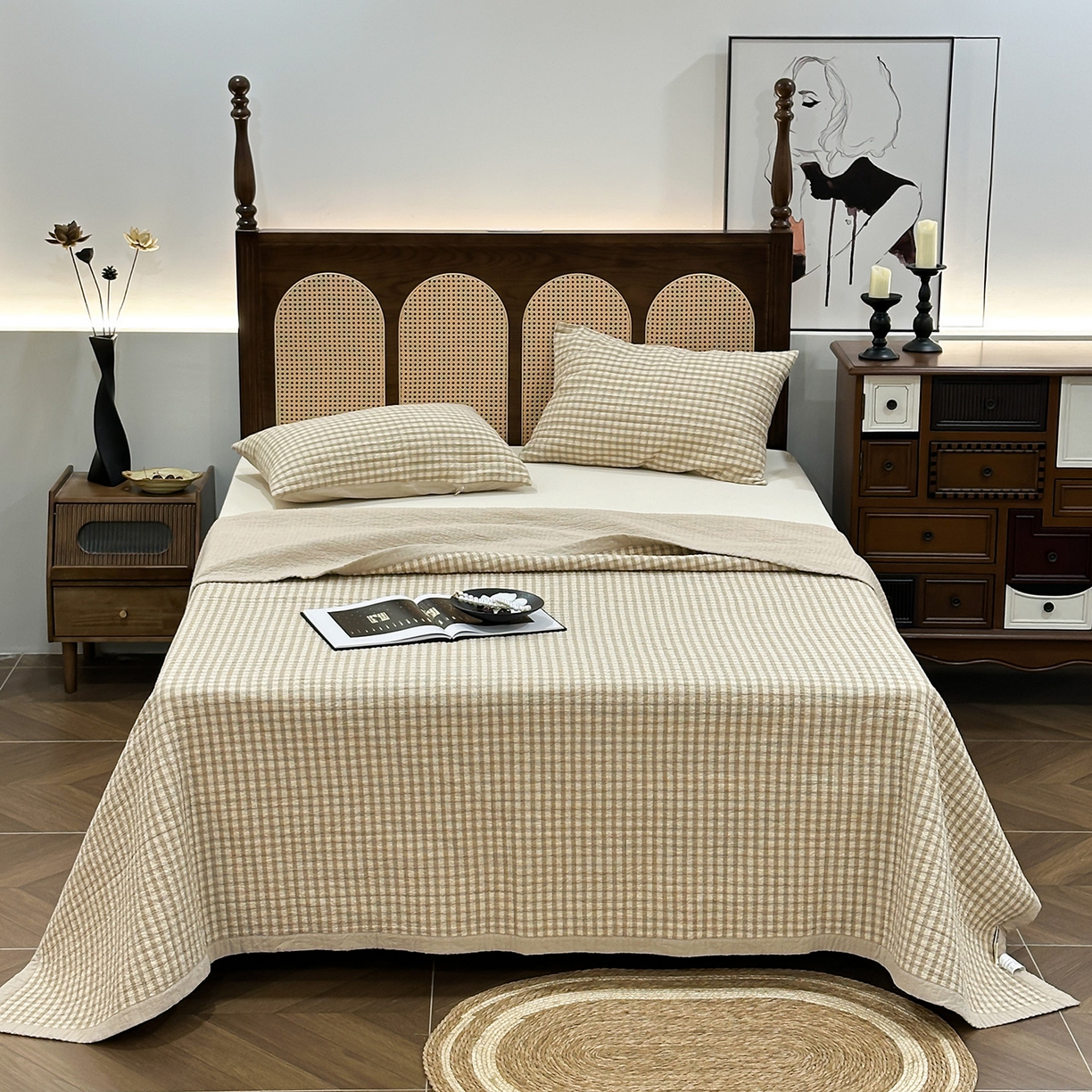 91家纺网 家纺一手货源 找家纺 床盖工厂店 2026新款双面水洗全棉填充棉花床盖三件套-朵拉系列 朵拉-咖