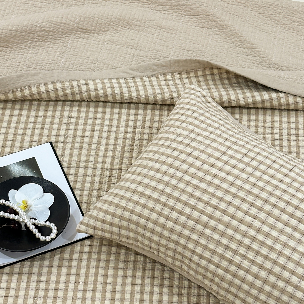 91家纺网 家纺一手货源 找家纺 床盖工厂店 2026新款双面水洗全棉填充棉花床盖三件套-朵拉系列 朵拉-咖