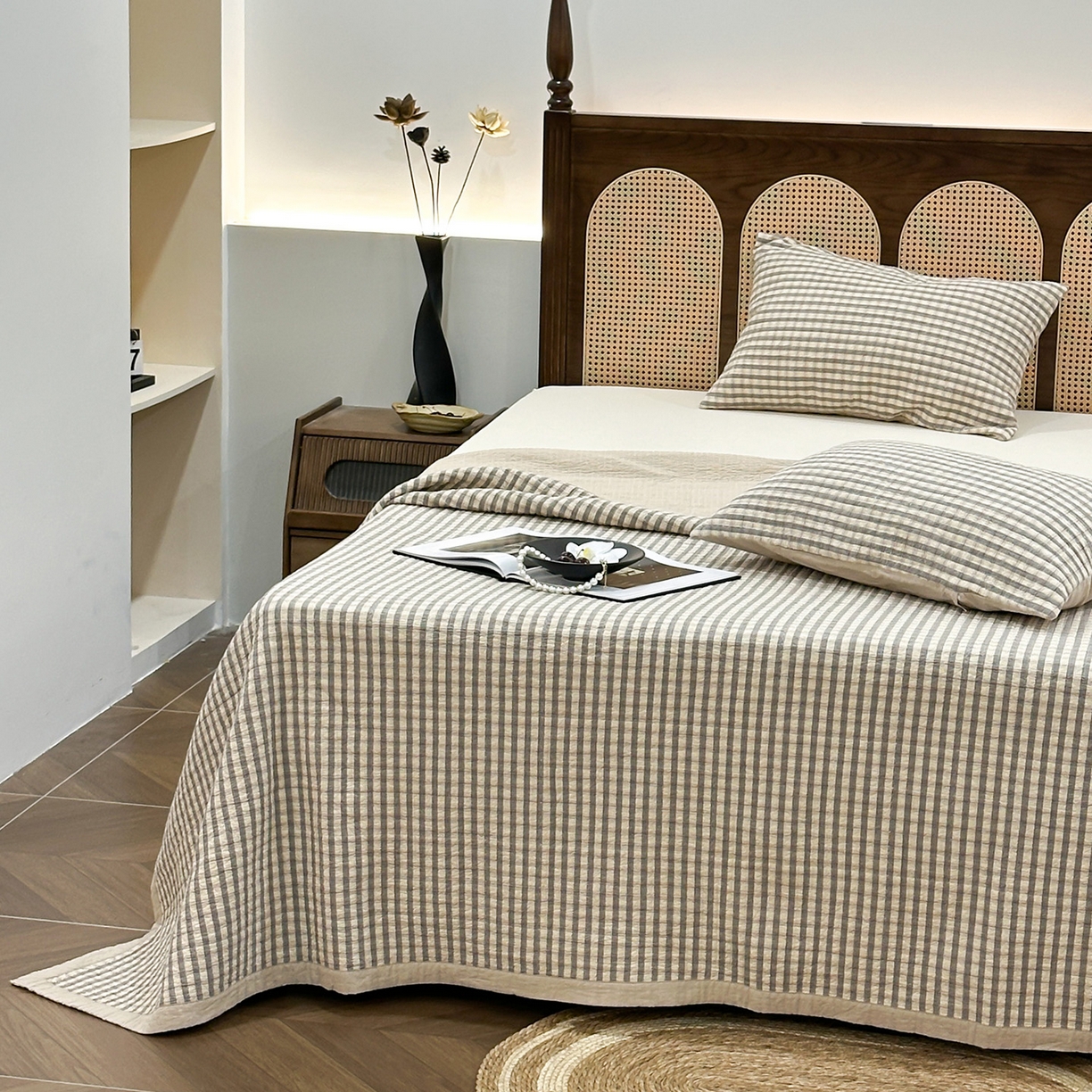 91家纺网 家纺一手货源 找家纺 床盖工厂店 2026新款双面水洗全棉填充棉花床盖三件套-朵拉系列 朵拉-灰