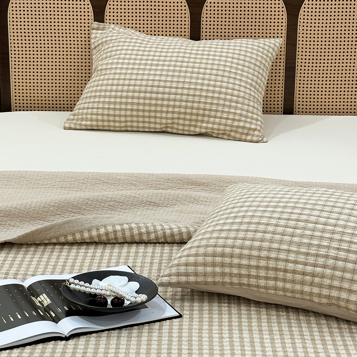 91家纺网 家纺一手货源 找家纺 床盖工厂店 2026新款双面水洗全棉填充棉花床盖三件套-朵拉系列 朵拉-咖