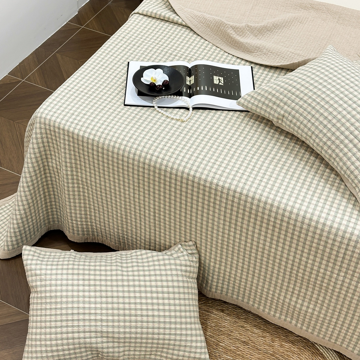 91家纺网 家纺一手货源 找家纺 床盖工厂店 2026新款双面水洗全棉填充棉花床盖三件套-朵拉系列 朵拉-绿