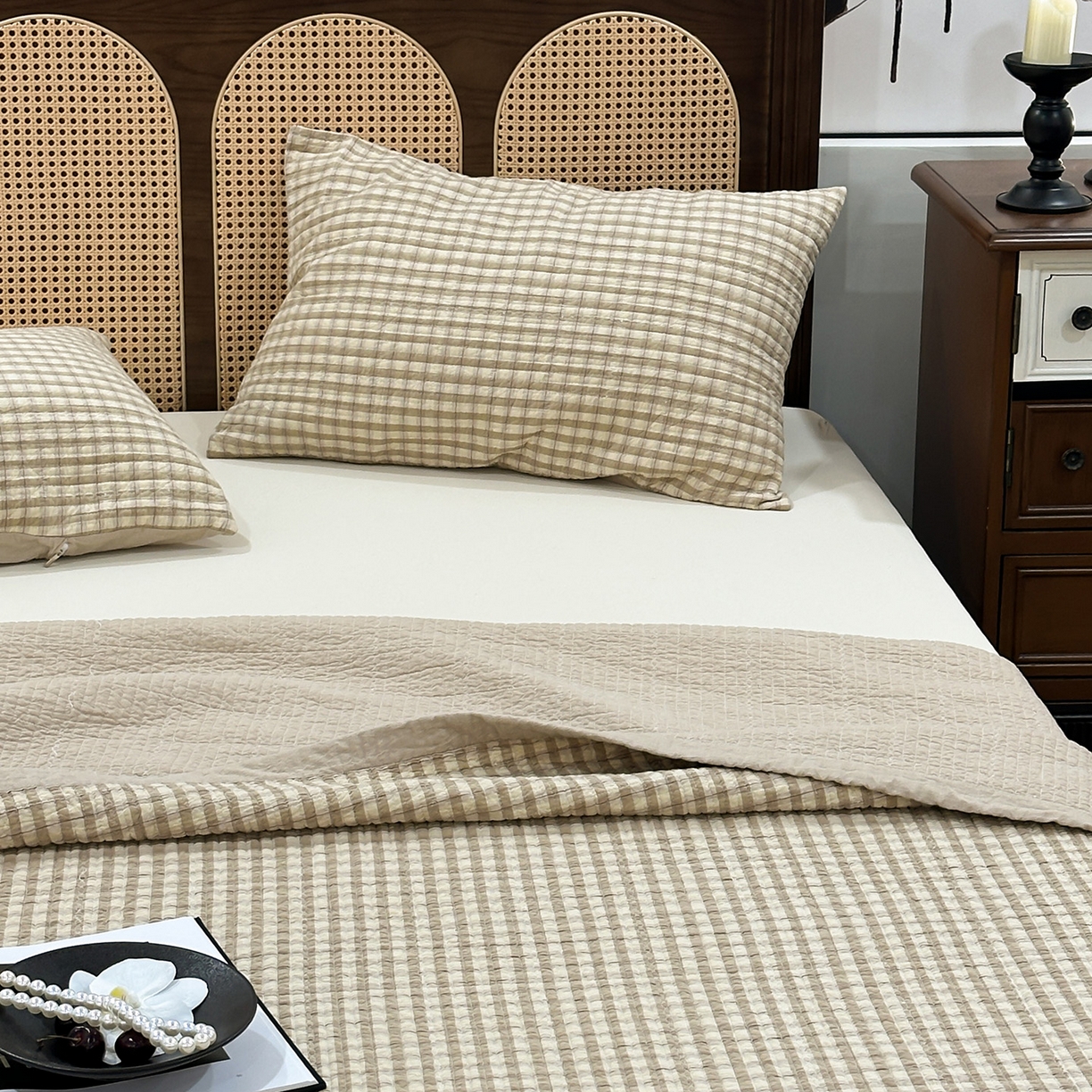 91家纺网 家纺一手货源 找家纺 床盖工厂店 2026新款双面水洗全棉填充棉花床盖三件套-朵拉系列 朵拉-咖