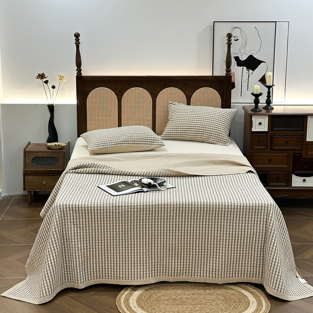 91家纺网 家纺一手货源 找家纺 床盖工厂店 2026新款双面水洗全棉填充棉花床盖三件套-朵拉系列 朵拉-灰