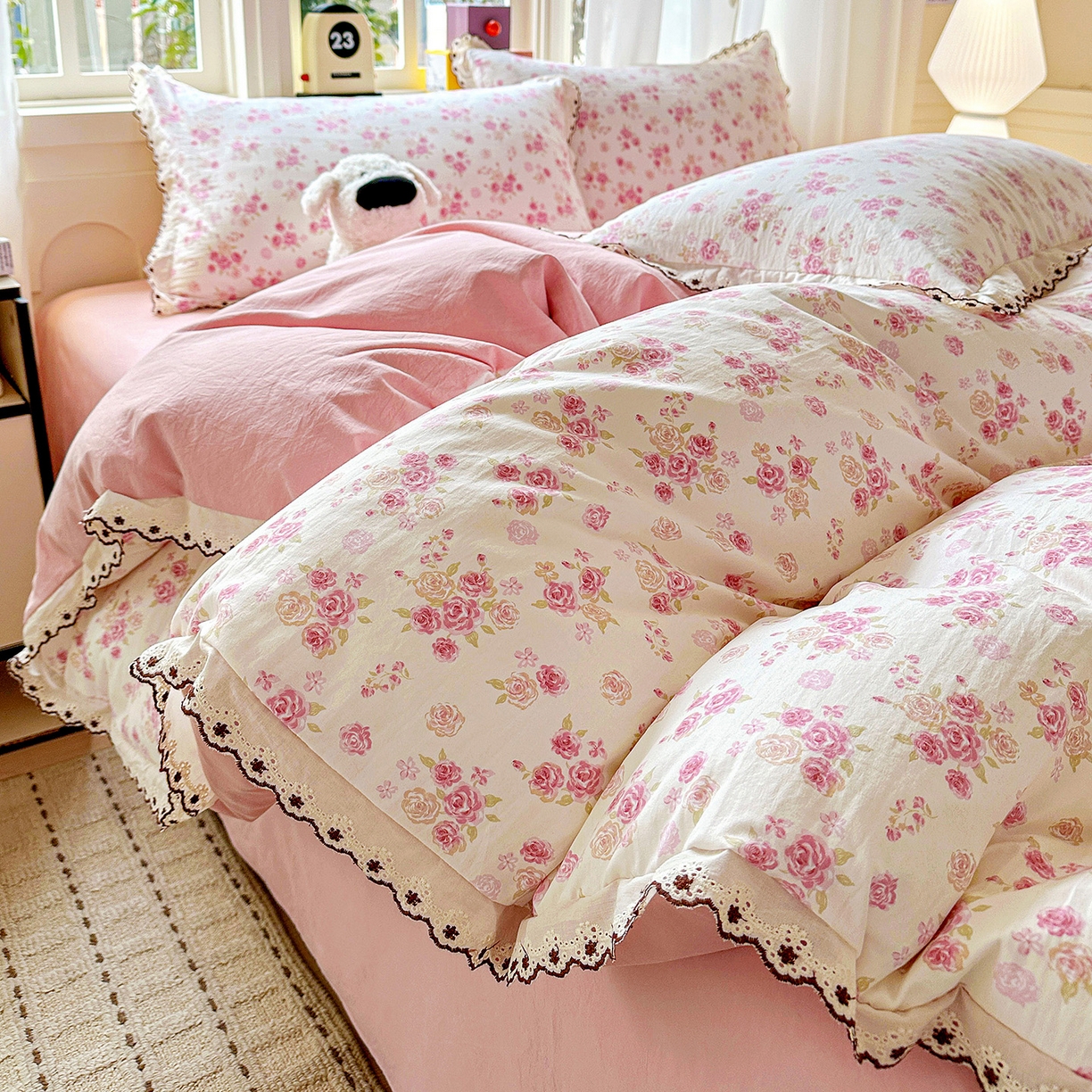 91家纺网 家纺一手货源 找家纺 （总）韩秀家纺 2026新款A类纺棉四件套全棉花边古法水洗棉法式蕾丝花边四件套