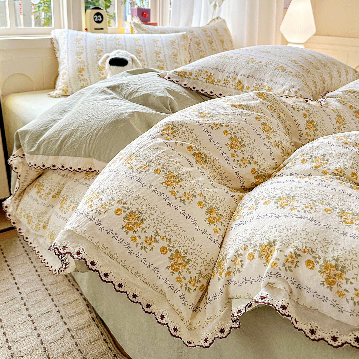 91家纺网 家纺一手货源 找家纺 （总）韩秀家纺 2026新款A类纺棉四件套全棉花边古法水洗棉法式蕾丝花边四件套