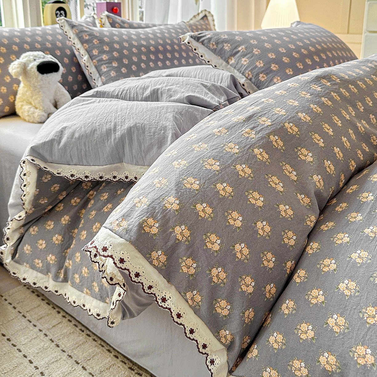 91家纺网 家纺一手货源 找家纺 韩秀家纺 2026新款A类纺棉四件套全棉花边古法水洗棉法式蕾丝花边四件套 礼赞