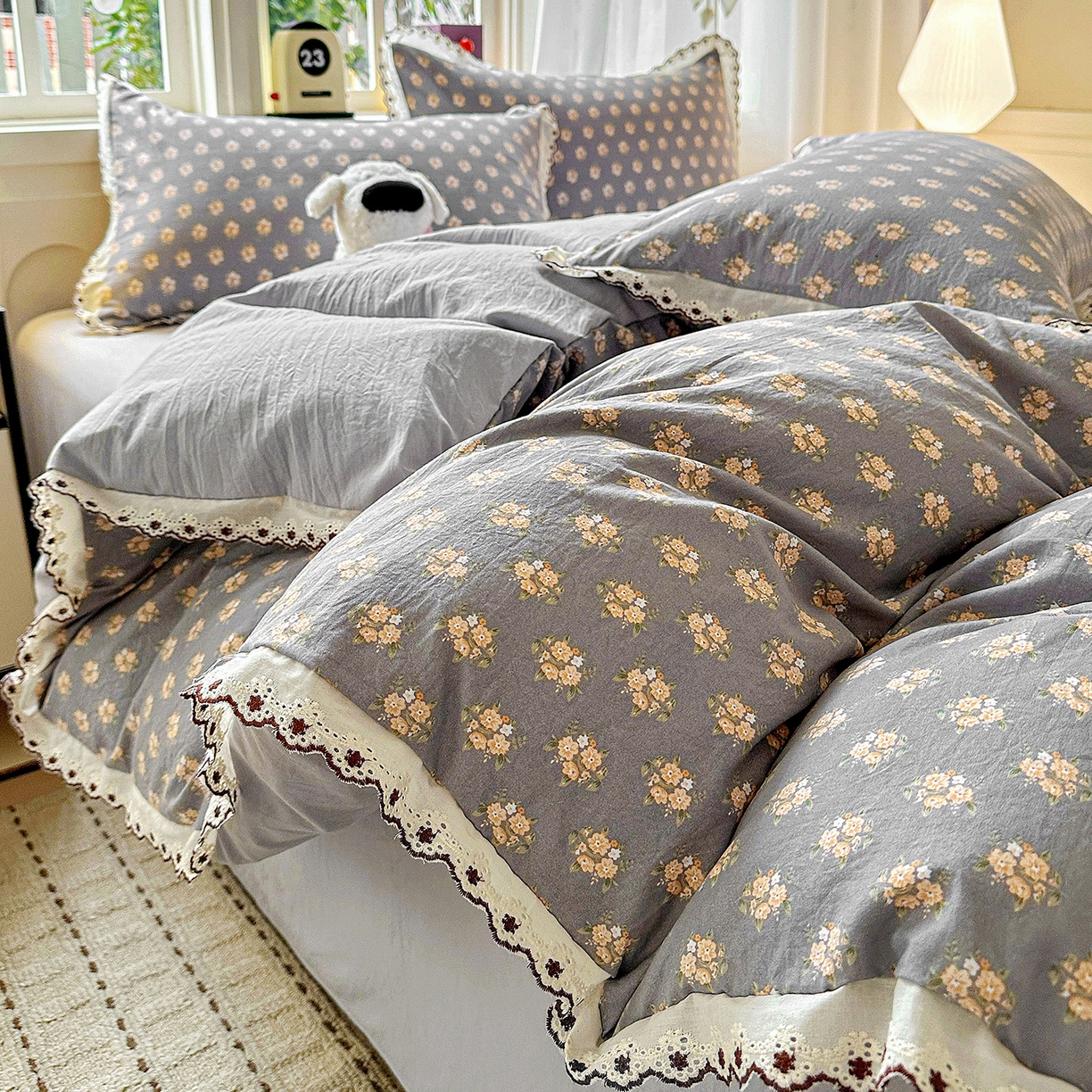 韩秀家纺 2026新款A类纺棉四件套全棉花边古法水洗棉法式蕾丝花边四件套 礼赞