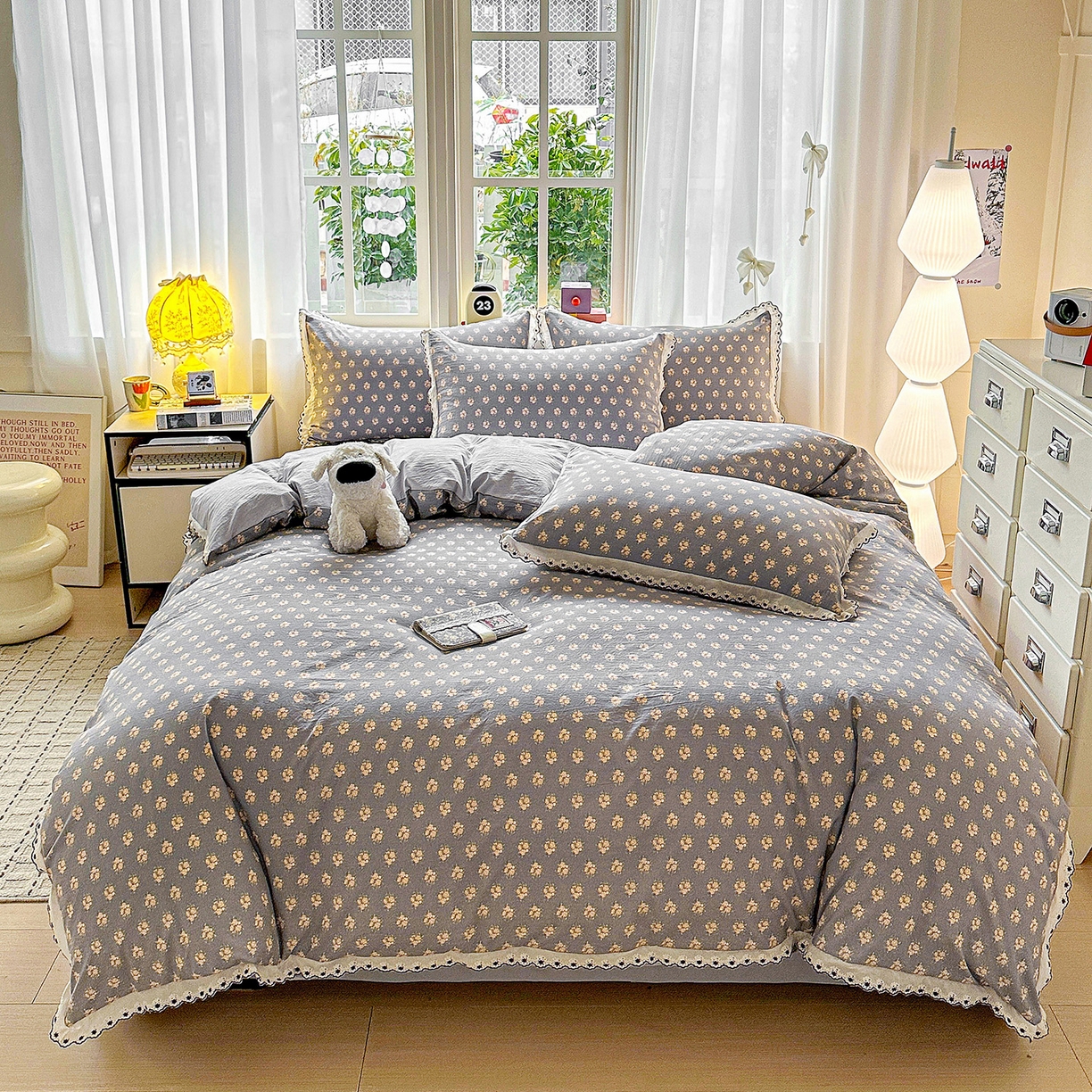 91家纺网 家纺一手货源 找家纺 韩秀家纺 2026新款A类纺棉四件套全棉花边古法水洗棉法式蕾丝花边四件套 礼赞