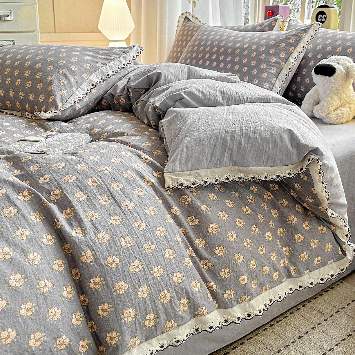 91家纺网 家纺一手货源 找家纺 韩秀家纺 2026新款A类纺棉四件套全棉花边古法水洗棉法式蕾丝花边四件套 礼赞