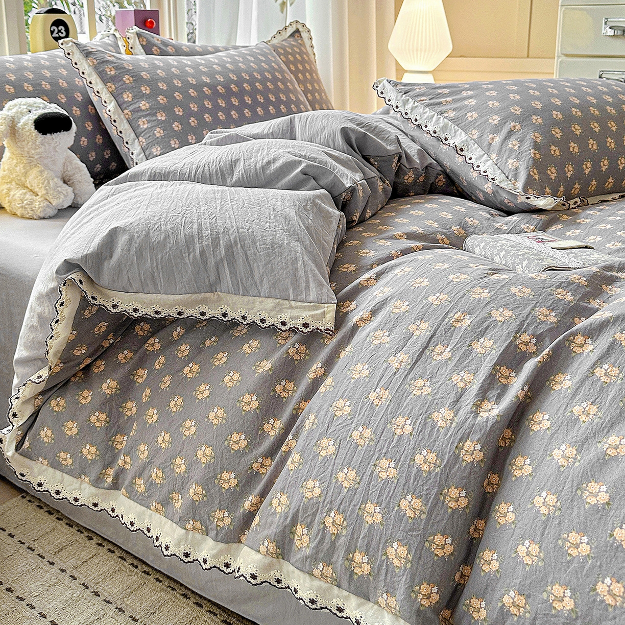 91家纺网 家纺一手货源 找家纺 韩秀家纺 2026新款A类纺棉四件套全棉花边古法水洗棉法式蕾丝花边四件套 礼赞