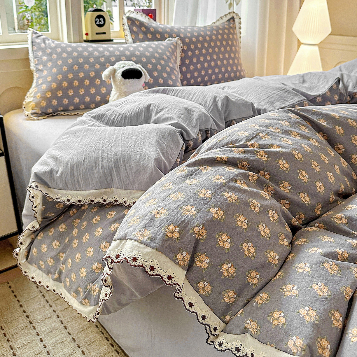 91家纺网 家纺一手货源 找家纺 韩秀家纺 2026新款A类纺棉四件套全棉花边古法水洗棉法式蕾丝花边四件套 礼赞