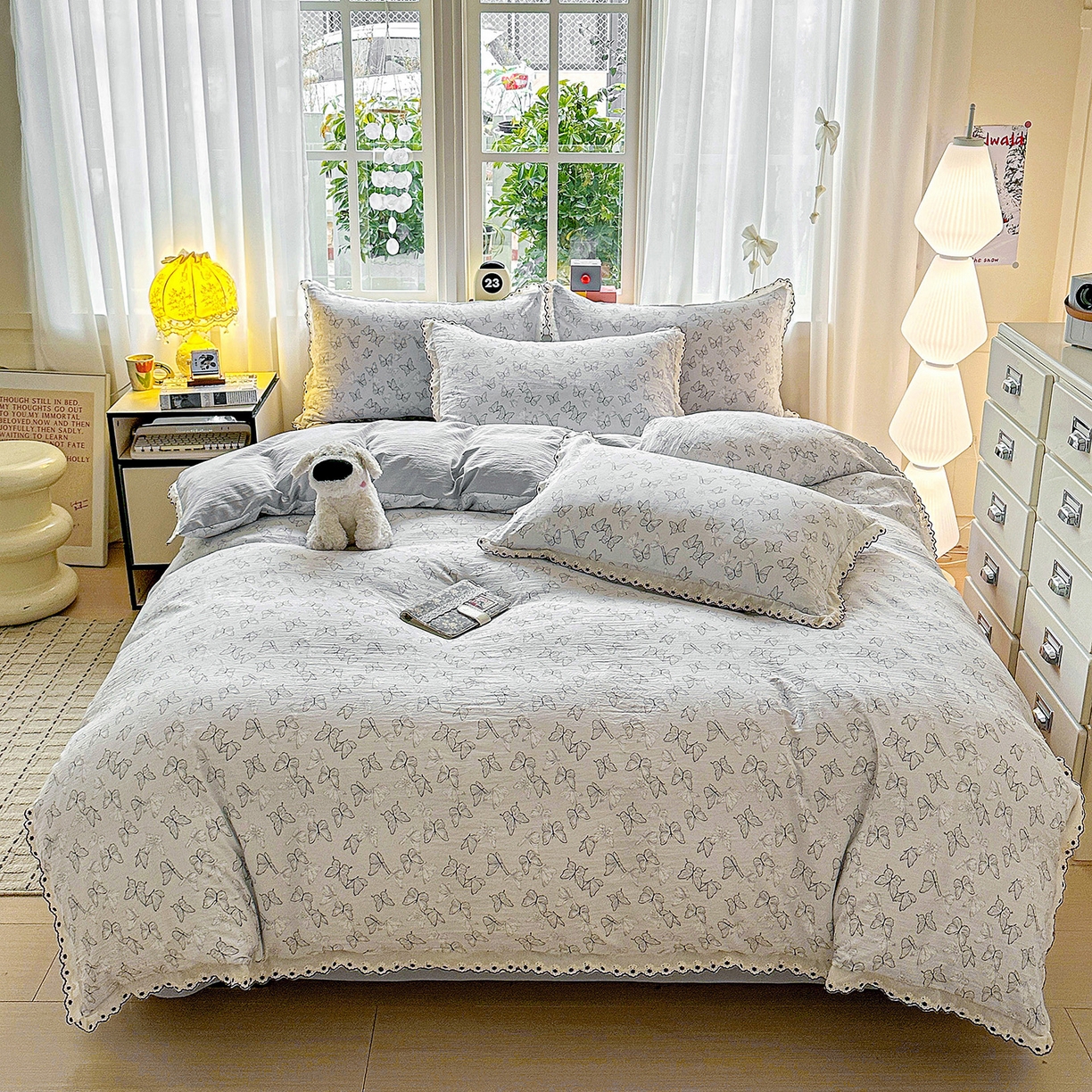 91家纺网 家纺一手货源 找家纺 韩秀家纺 2026新款A类纺棉四件套全棉花边古法水洗棉法式蕾丝花边四件套 蝶纷飞