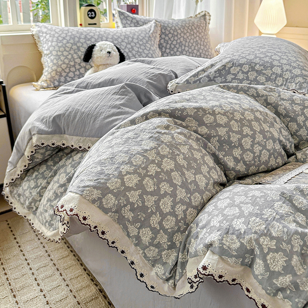 韩秀家纺 2026新款A类纺棉四件套全棉花边古法水洗棉法式蕾丝花边四件套 瑰丽庄园