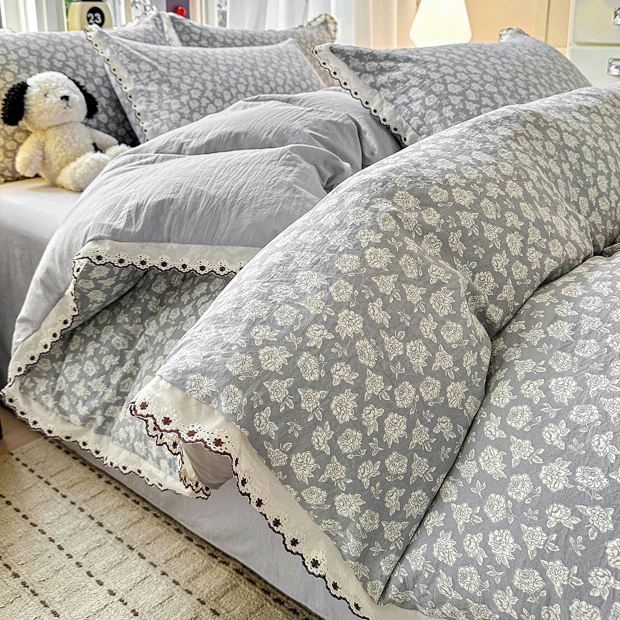 91家纺网 家纺一手货源 找家纺 韩秀家纺 2026新款A类纺棉四件套全棉花边古法水洗棉法式蕾丝花边四件套 瑰丽庄园