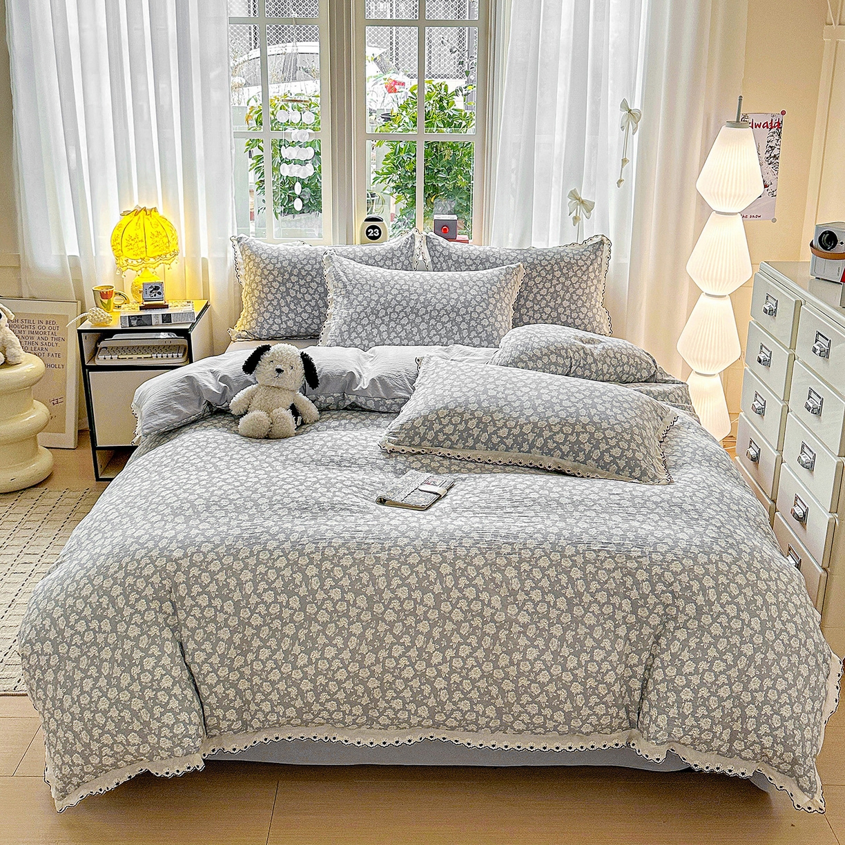 91家纺网 家纺一手货源 找家纺 韩秀家纺 2026新款A类纺棉四件套全棉花边古法水洗棉法式蕾丝花边四件套 瑰丽庄园