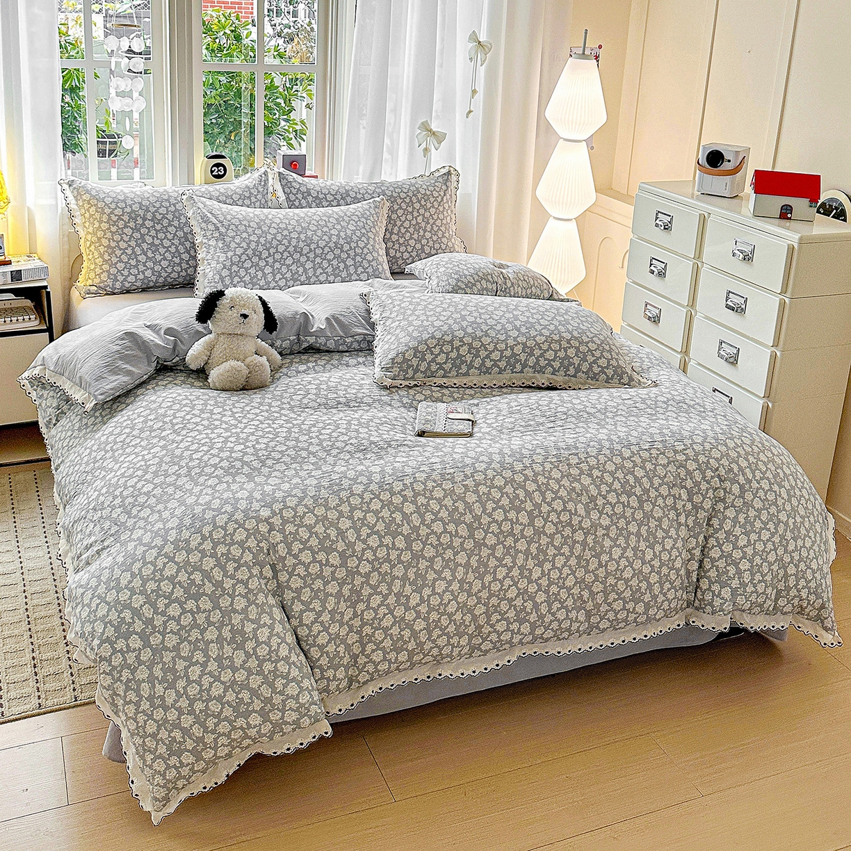 91家纺网 家纺一手货源 找家纺 韩秀家纺 2026新款A类纺棉四件套全棉花边古法水洗棉法式蕾丝花边四件套 瑰丽庄园