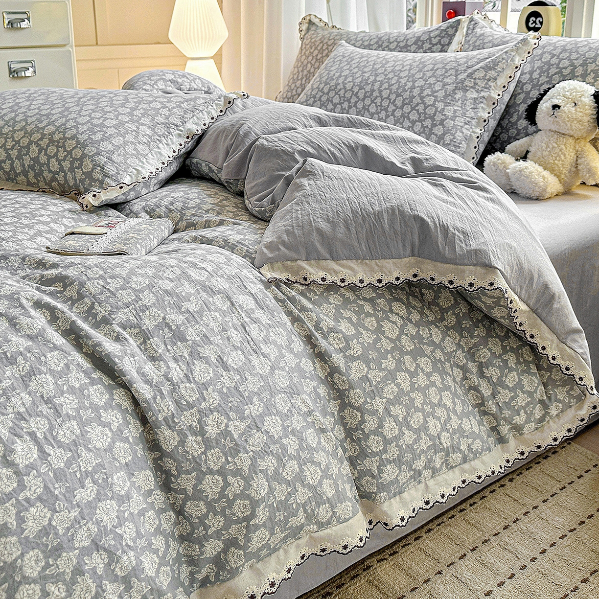 91家纺网 家纺一手货源 找家纺 韩秀家纺 2026新款A类纺棉四件套全棉花边古法水洗棉法式蕾丝花边四件套 瑰丽庄园