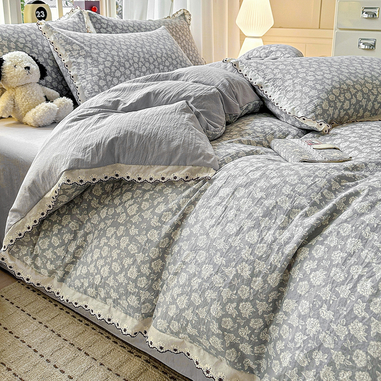 91家纺网 家纺一手货源 找家纺 韩秀家纺 2026新款A类纺棉四件套全棉花边古法水洗棉法式蕾丝花边四件套 瑰丽庄园