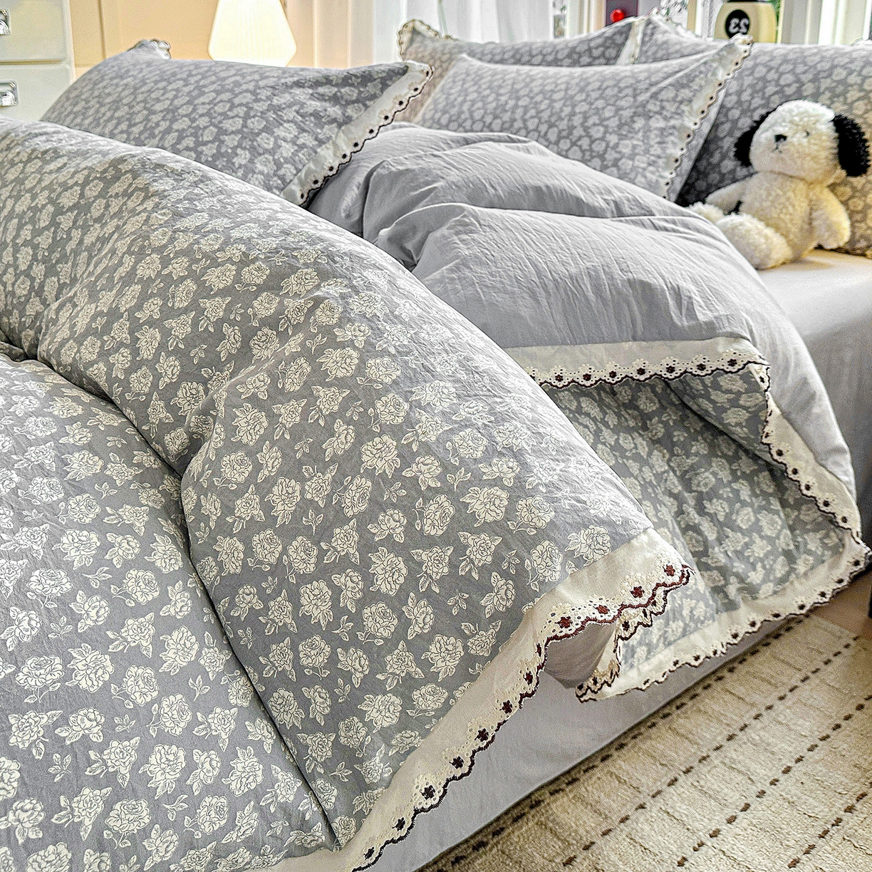 91家纺网 家纺一手货源 找家纺 韩秀家纺 2026新款A类纺棉四件套全棉花边古法水洗棉法式蕾丝花边四件套 瑰丽庄园