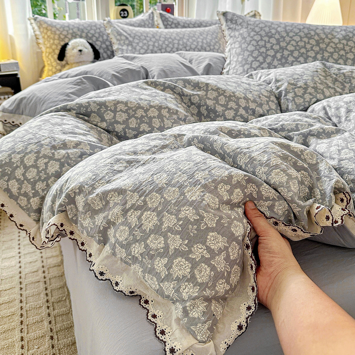 91家纺网 家纺一手货源 找家纺 韩秀家纺 2026新款A类纺棉四件套全棉花边古法水洗棉法式蕾丝花边四件套 瑰丽庄园