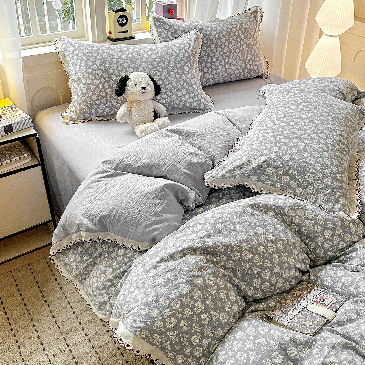 91家纺网 家纺一手货源 找家纺 韩秀家纺 2026新款A类纺棉四件套全棉花边古法水洗棉法式蕾丝花边四件套 瑰丽庄园