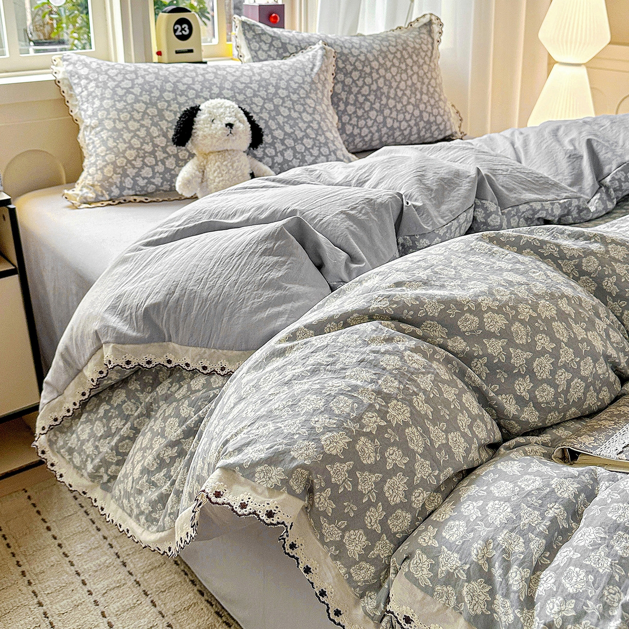 91家纺网 家纺一手货源 找家纺 韩秀家纺 2026新款A类纺棉四件套全棉花边古法水洗棉法式蕾丝花边四件套 瑰丽庄园