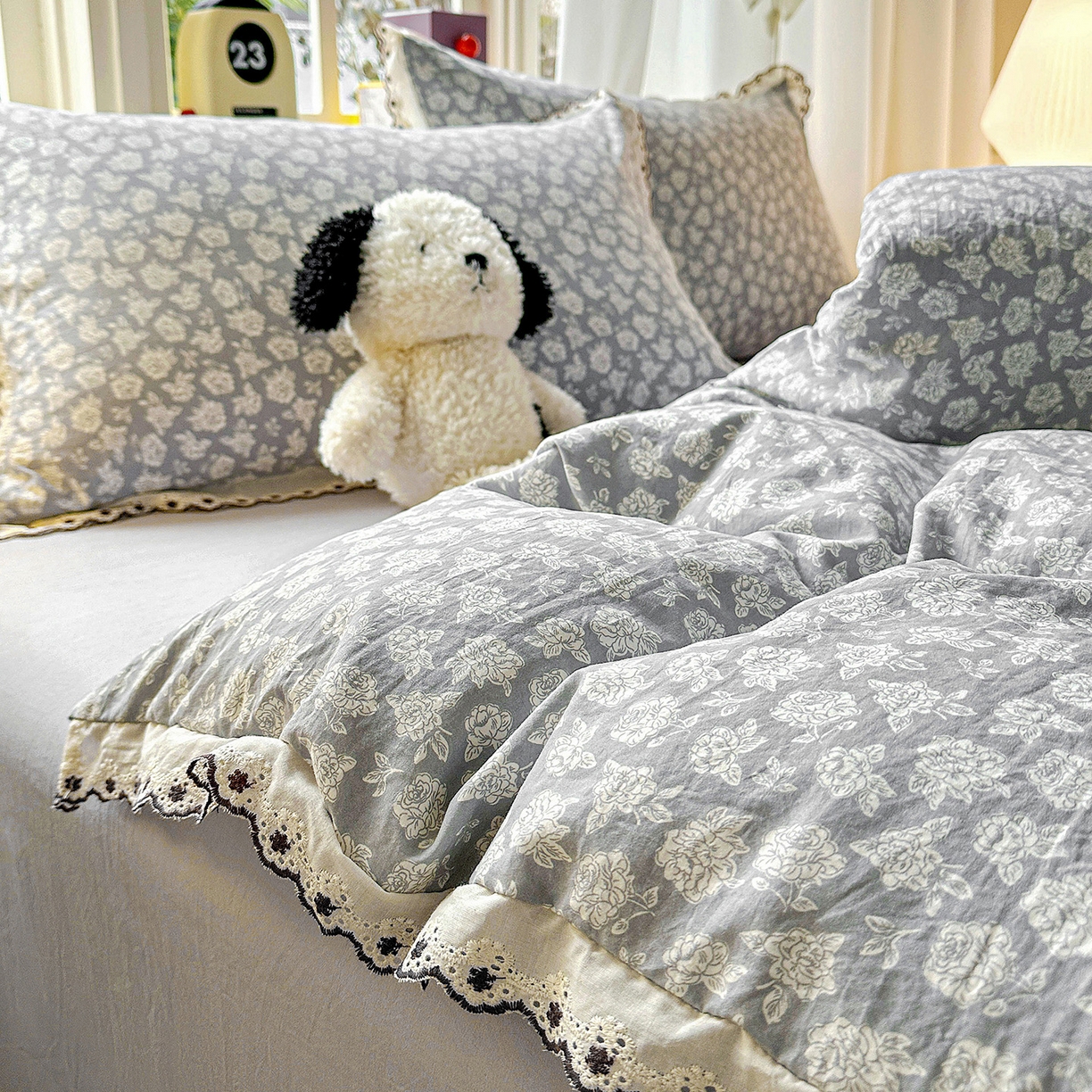 91家纺网 家纺一手货源 找家纺 韩秀家纺 2026新款A类纺棉四件套全棉花边古法水洗棉法式蕾丝花边四件套 瑰丽庄园