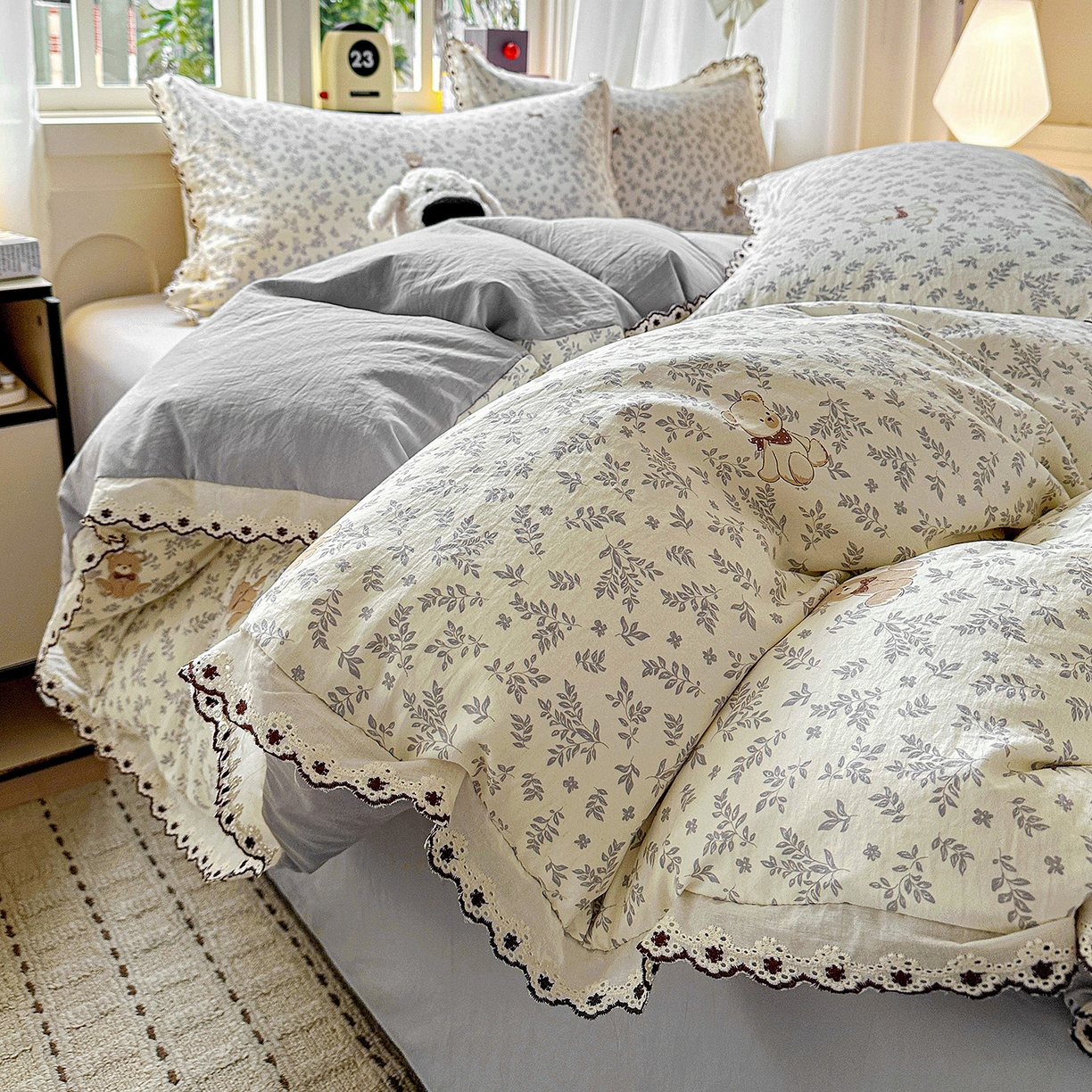 韩秀家纺 2026新款A类纺棉四件套全棉花边古法水洗棉法式蕾丝花边四件套 花街萌宠