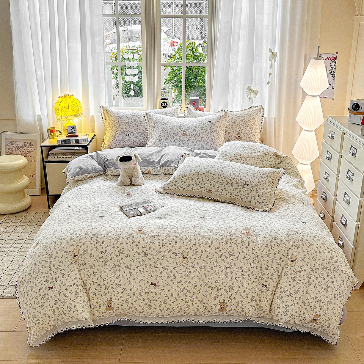 91家纺网 家纺一手货源 找家纺 韩秀家纺 2026新款A类纺棉四件套全棉花边古法水洗棉法式蕾丝花边四件套 花街萌宠