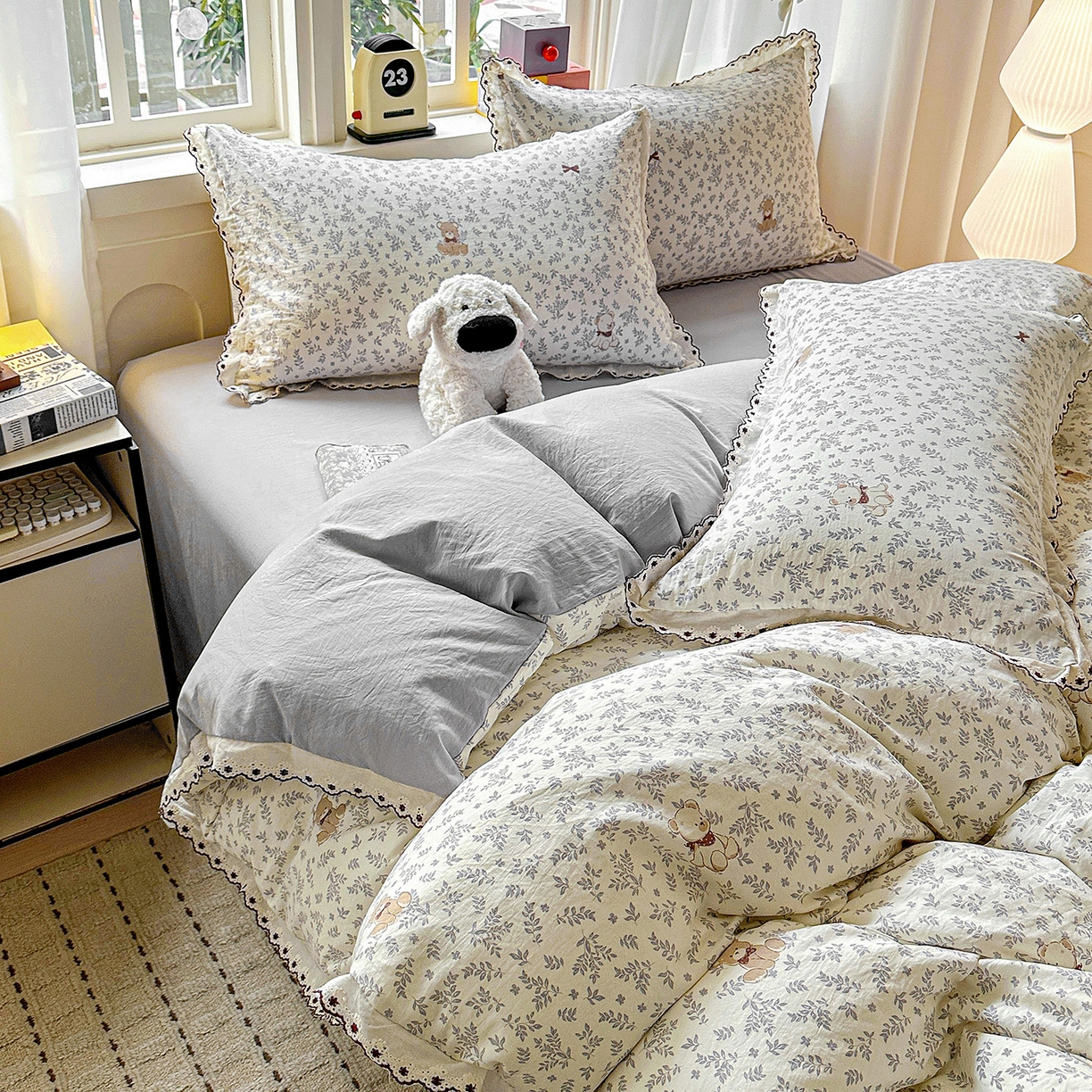 91家纺网 家纺一手货源 找家纺 韩秀家纺 2026新款A类纺棉四件套全棉花边古法水洗棉法式蕾丝花边四件套 花街萌宠