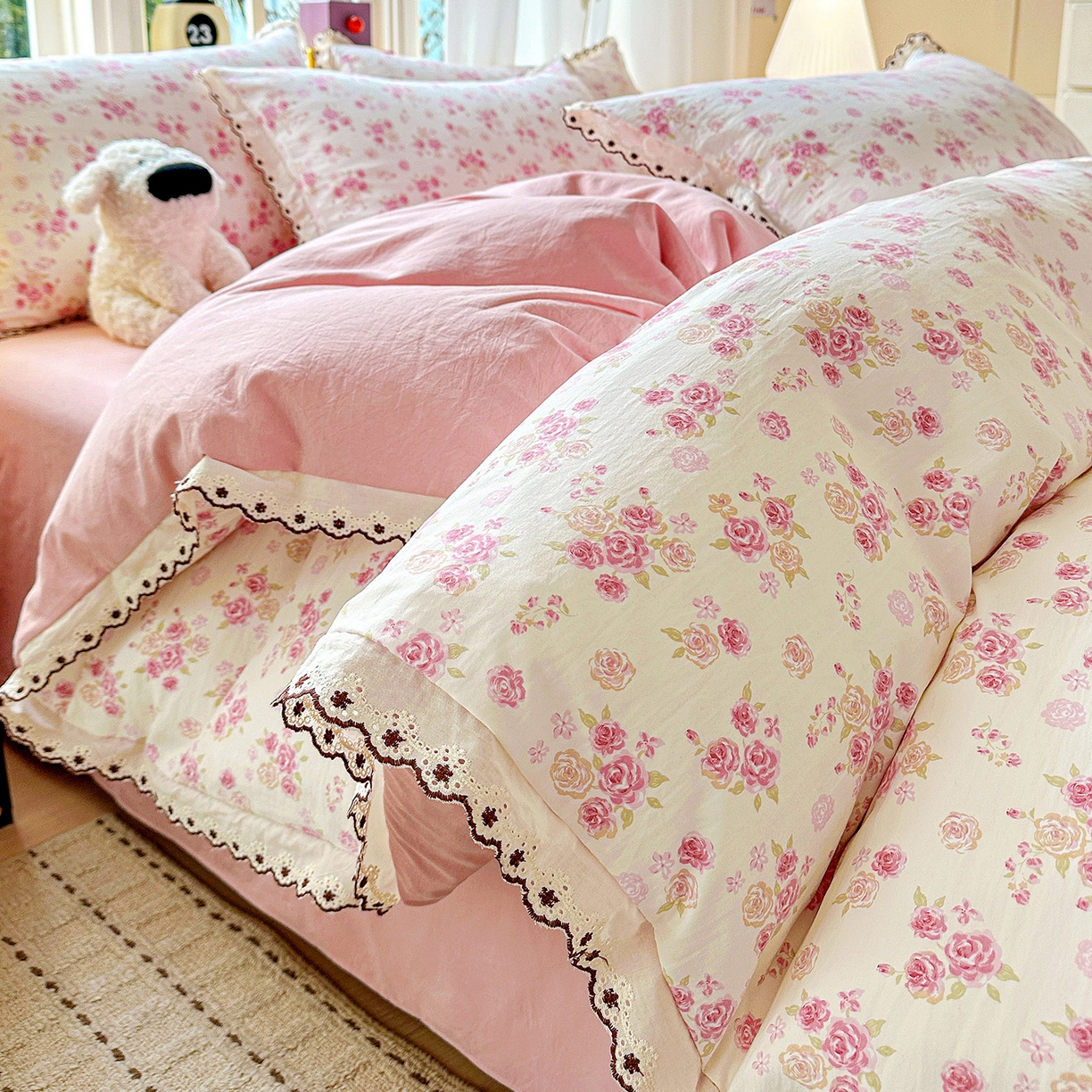 91家纺网 家纺一手货源 找家纺 韩秀家纺 2026新款A类纺棉四件套全棉花边古法水洗棉法式蕾丝花边四件套 绿荫