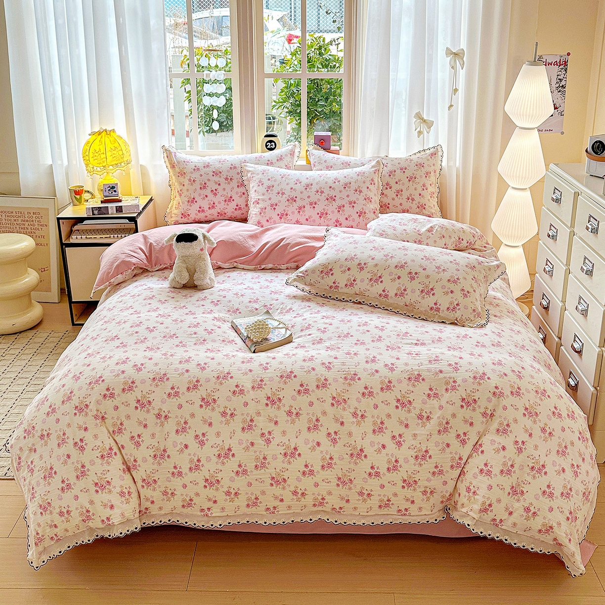 91家纺网 家纺一手货源 找家纺 韩秀家纺 2026新款A类纺棉四件套全棉花边古法水洗棉法式蕾丝花边四件套 绿荫