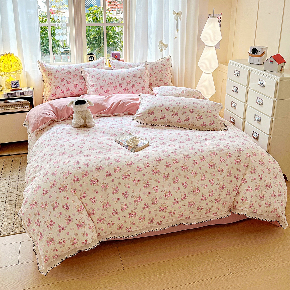 91家纺网 家纺一手货源 找家纺 韩秀家纺 2026新款A类纺棉四件套全棉花边古法水洗棉法式蕾丝花边四件套 绿荫