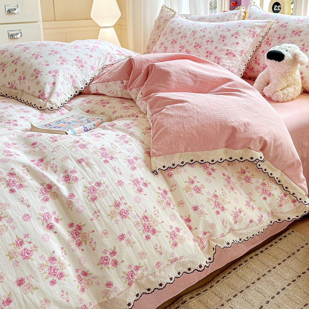 91家纺网 家纺一手货源 找家纺 韩秀家纺 2026新款A类纺棉四件套全棉花边古法水洗棉法式蕾丝花边四件套 绿荫