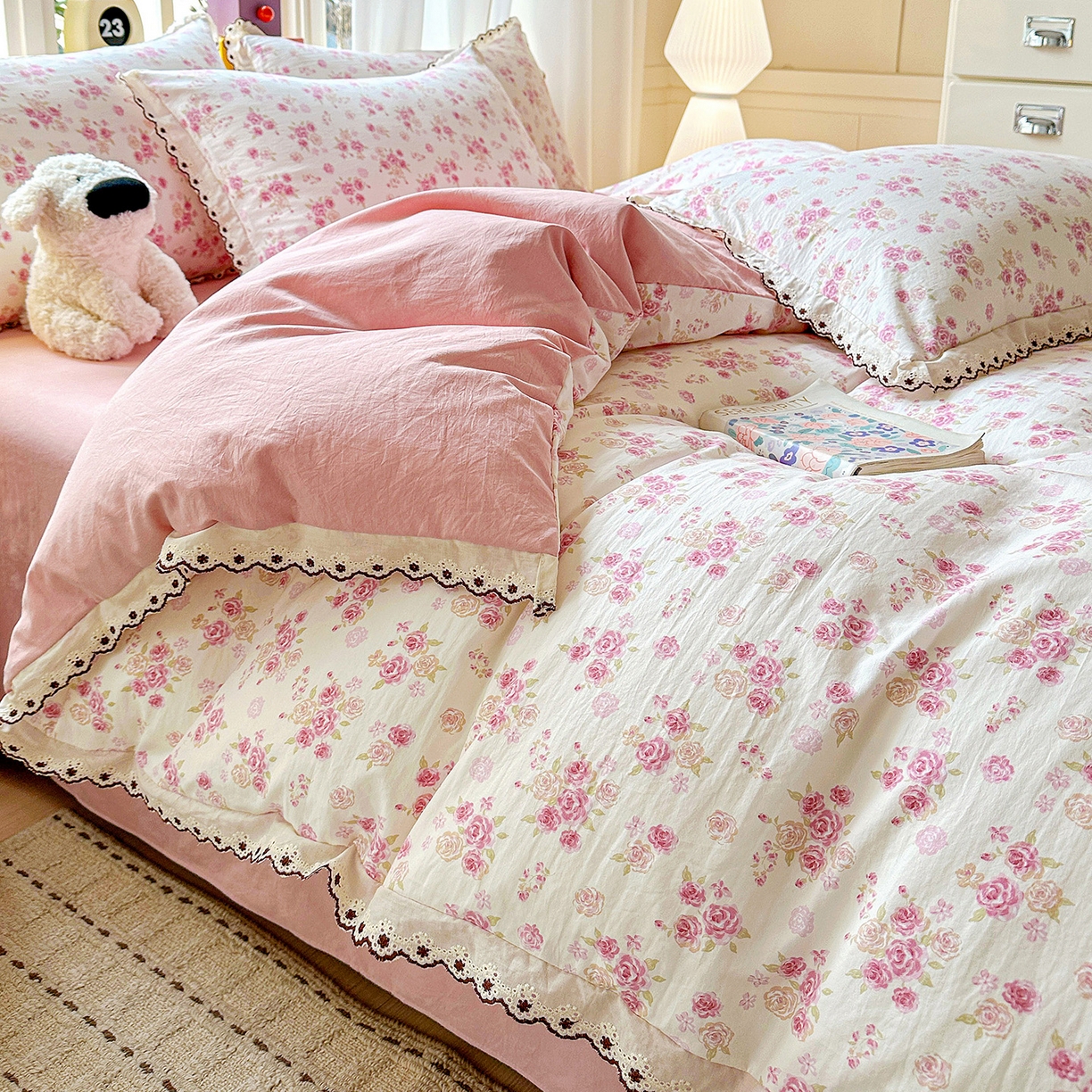 91家纺网 家纺一手货源 找家纺 韩秀家纺 2026新款A类纺棉四件套全棉花边古法水洗棉法式蕾丝花边四件套 绿荫