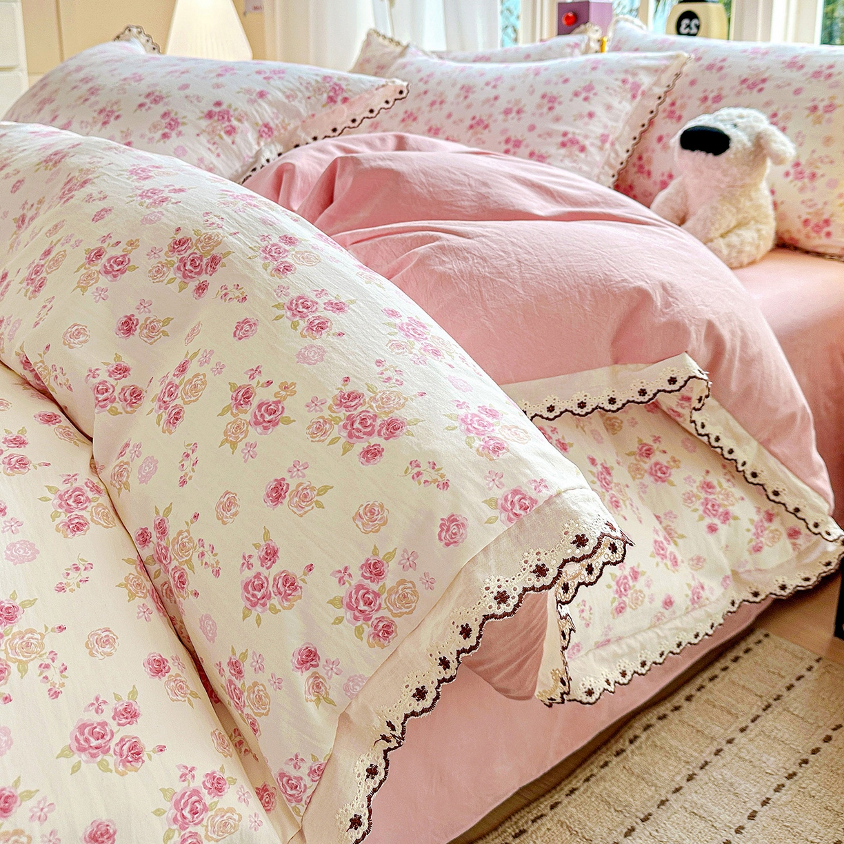 91家纺网 家纺一手货源 找家纺 韩秀家纺 2026新款A类纺棉四件套全棉花边古法水洗棉法式蕾丝花边四件套 绿荫