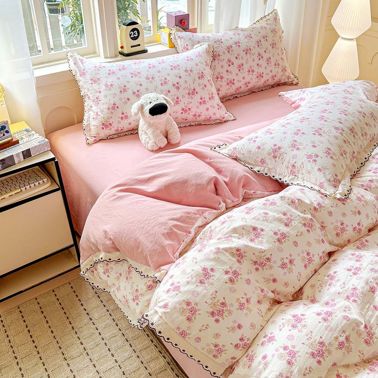 91家纺网 家纺一手货源 找家纺 韩秀家纺 2026新款A类纺棉四件套全棉花边古法水洗棉法式蕾丝花边四件套 绿荫