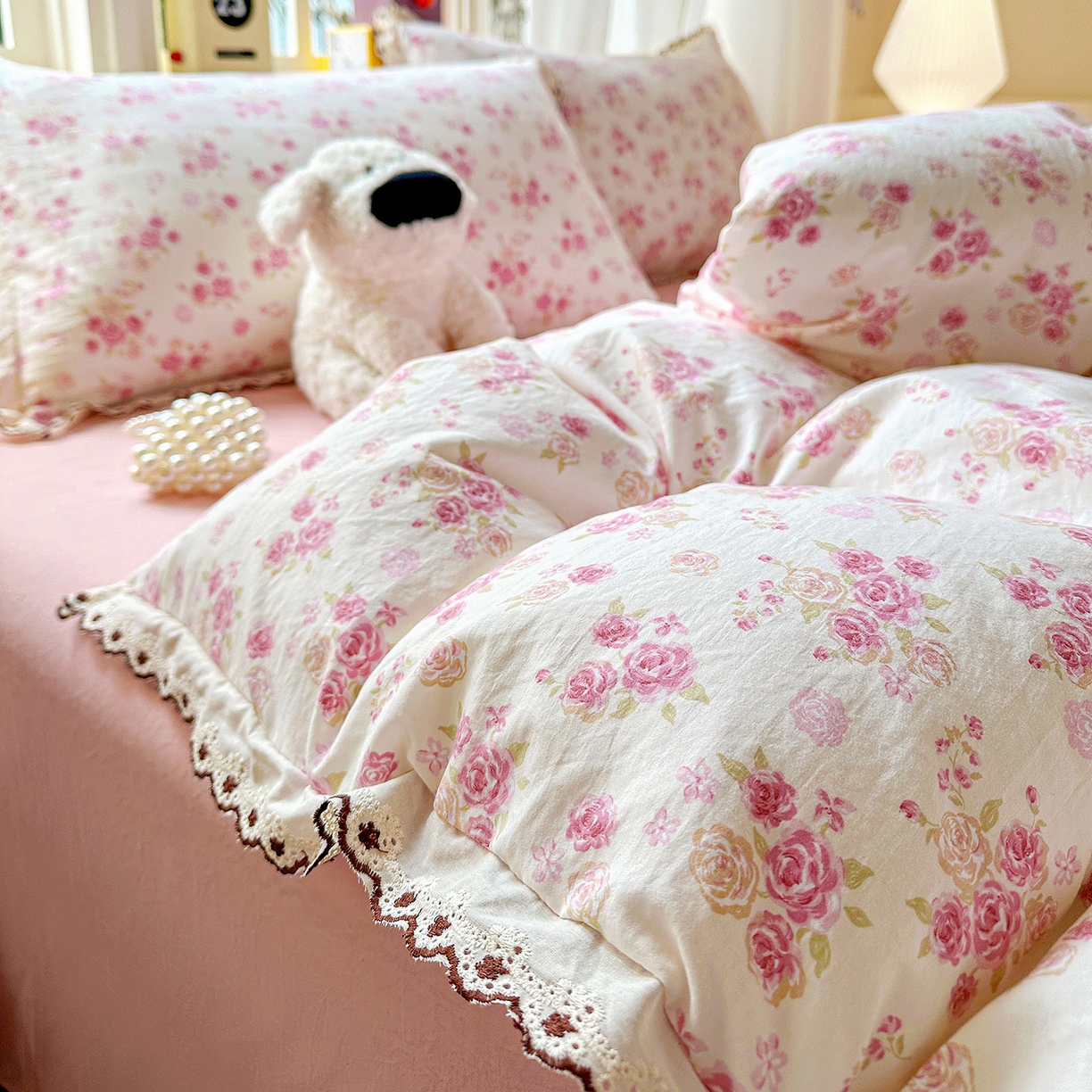 91家纺网 家纺一手货源 找家纺 韩秀家纺 2026新款A类纺棉四件套全棉花边古法水洗棉法式蕾丝花边四件套 绿荫