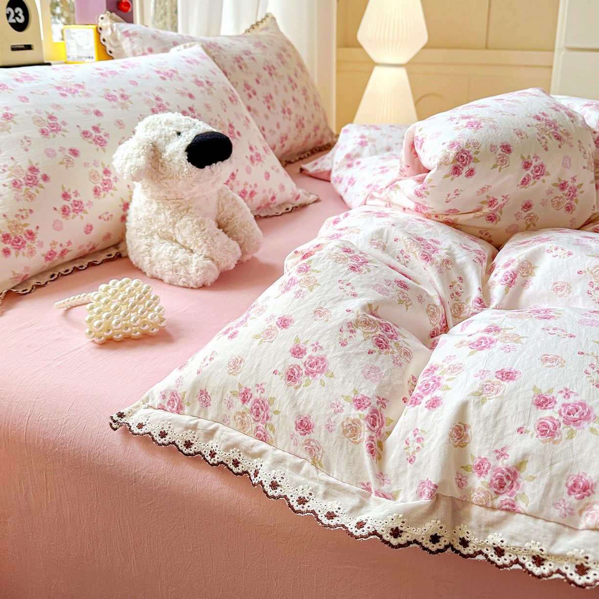 91家纺网 家纺一手货源 找家纺 韩秀家纺 2026新款A类纺棉四件套全棉花边古法水洗棉法式蕾丝花边四件套 绿荫