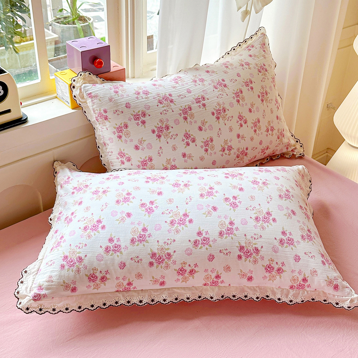 91家纺网 家纺一手货源 找家纺 韩秀家纺 2026新款A类纺棉四件套全棉花边古法水洗棉法式蕾丝花边四件套 绿荫