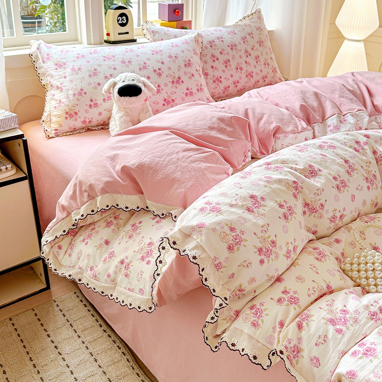 91家纺网 家纺一手货源 找家纺 韩秀家纺 2026新款A类纺棉四件套全棉花边古法水洗棉法式蕾丝花边四件套 绿荫