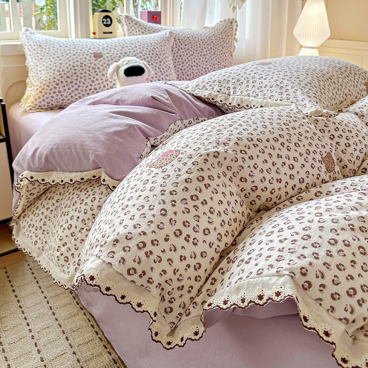 韩秀家纺 2026新款A类纺棉四件套全棉花边古法水洗棉法式蕾丝花边四件套 怦然心动